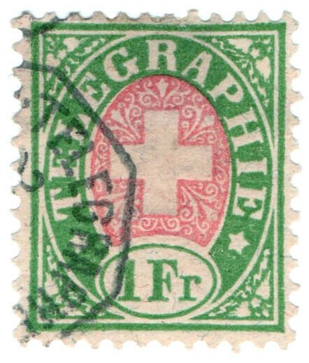 (I.B) Switzerland Telegraphs : 1Fr Green & Pink (1881)