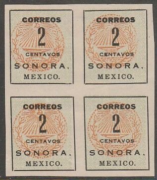 MEXICO 395, 2¢ SONORA COACH SEAL, BLOCK OF 4, NG (AS ISSUED). VF