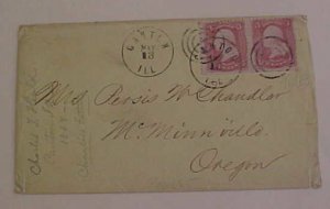 US  #65 PAIR ILLINOIS CANTON TO McMINNVILLE OREGON 1865 TREB FOR THREE ERROR