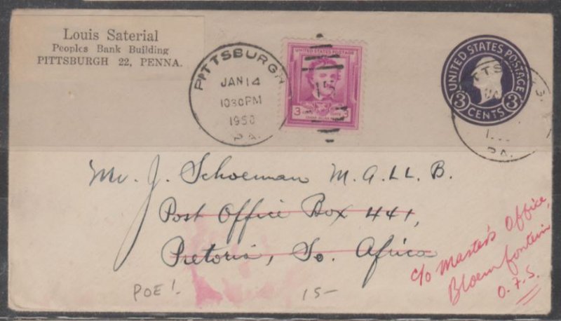 U.S. Scott #986 Poe Cover -Pittsburgh PA to Pretoria, South Africa- Jan 14, 1950