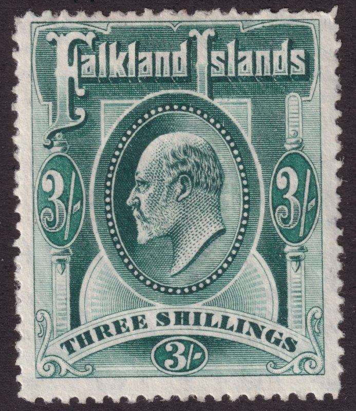 1904 - 1907 Falkland Island KEVII portrait 3/ issue MLMH Sc# 28 CV $180.00