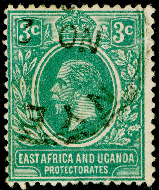 EAST AFRICA and UGANDA SG66a, 3c blue-green, FINE USED. Cat £18. WMK SCRIPT.