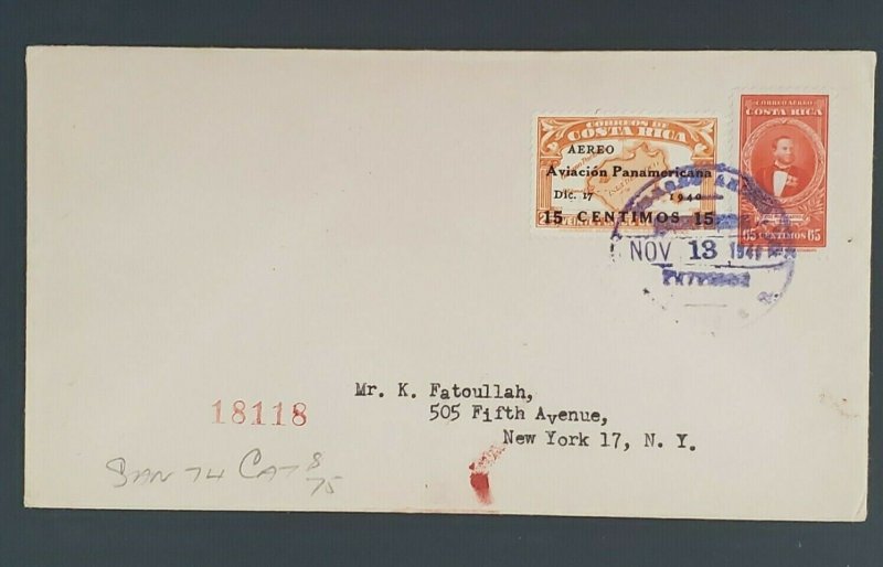 1949 Costa Rica to New York City Pan American 15 Cent Overprint Air Mail Cover