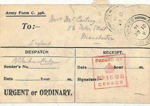 GB BEF WW1 Cover MILITARY TELEGRAM *Army Despatch Form* 1914 FPOs Censor KK47