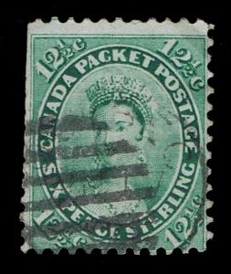 GENUINE CANADA SCOTT #18 POSTALLY USED 1859 YELLOW-GREEN 12½ CENT - ESTATE SALE.