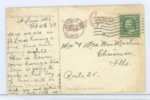 US 357 Bluish green issue of 1909, wave cancellation; circled city, time & date stamp. Picture of Forest Park, St. Louis, MO