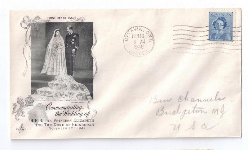 Canada FDC Wedding Cover 1948 Sc 276 Elizabeth Artcraft 