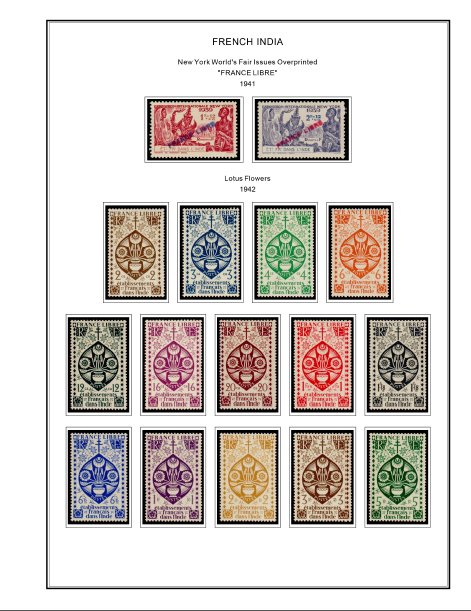 COLOR PRINTED FRENCH INDIA 1892-1954 STAMP ALBUM PAGES (29 illustrated pages)