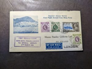 1936 British Hong Kong Airmail First Flight Cover FFC to London England