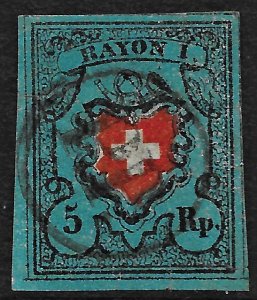 Switzerland 7a used with APS cert., 2-5 mm tears, Cat. Val. $575.00.