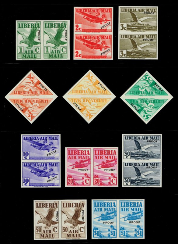 Liberia #C4-C13 Imperforate Proof Pairs w/ trial color; MNH (5Stars)