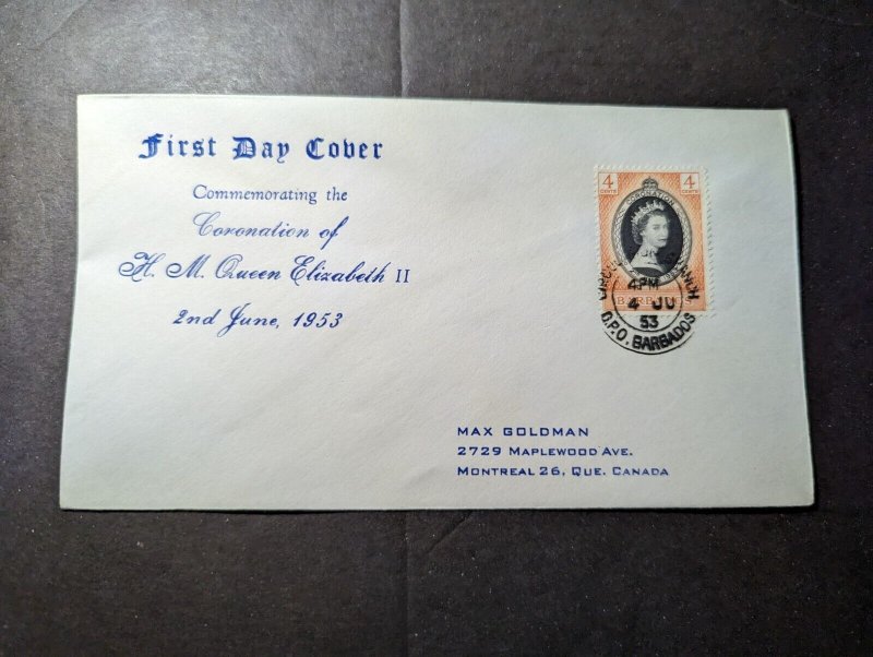 1953 British Barbados QE2 Coronation First Day Cover FDC to Montreal Canada