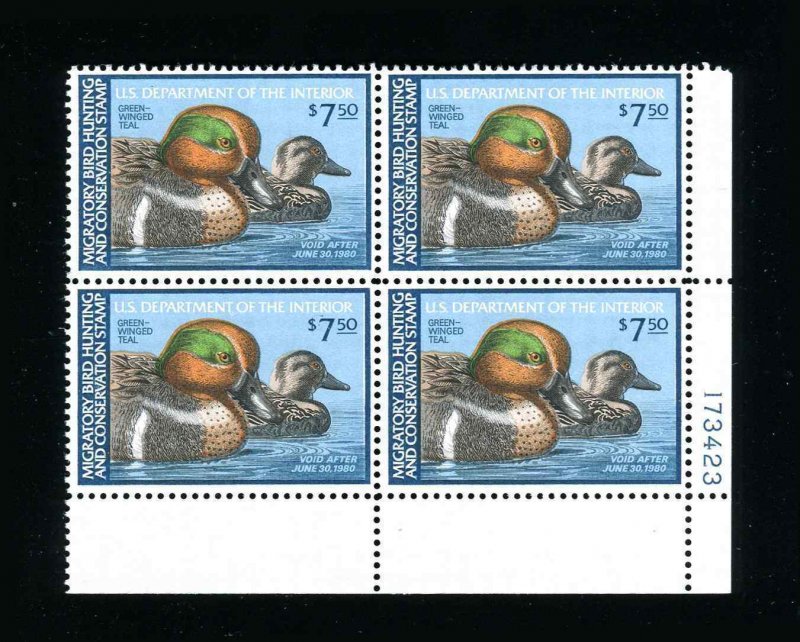 RW46 Duck Stamp 1980 Green Winged Teal Plate Number Block of 4 MNH