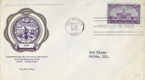 1938 FDC, #838, 3c Iowa Territorial Centennial, Rice