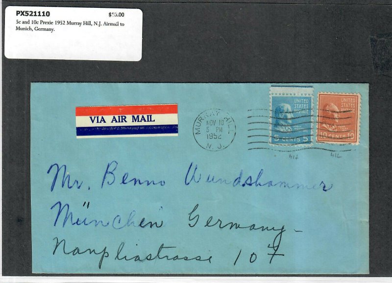 1952 Prexie Cover 5c + 10c Murray Hill NJ Airmail