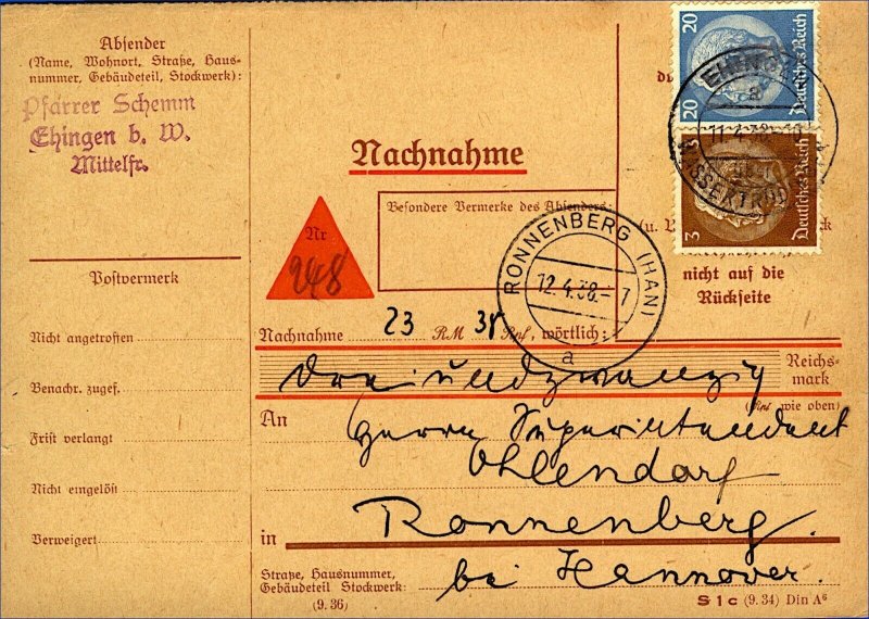 Germany 1938 cash on delivery card Nachnahme 23pf rate Ehingen toStamp on Card