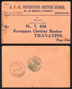 Burma KGV 1d India stamp on a printed cover from Rangoon to Thanatpin