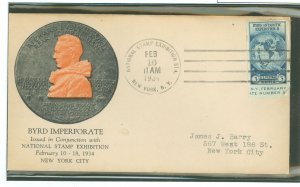 US 735a 1934 3c Byrd Antarctic Expedition II (imperf single from the Farley mini-sheet) on an addressed first day cover with a N