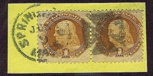 US 112 PAIR ON PIECE USED 1 CENT FRANKLIN, 1869, PMK & MALTESE CROSS CORK CCL