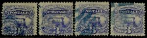 #114 F-VF USED (4) DIFFERENT BLUE CANCELS CV $90.00 BQ2128