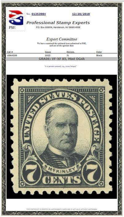 US Scott #559, PSE Graded 85 Cert, VF/XF, Mint OG, Never Hinged, SMQ Value $50