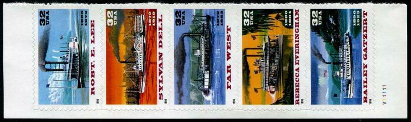 HERRICKSTAMP UNITED STATES Sc.# 3095B Riverboat Strip of 5 Stamps Mint NH