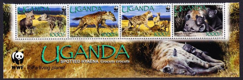 Uganda WWF Spotted Hyaena Bottom Strip of 4v with WWF Logo SG#2551-2554