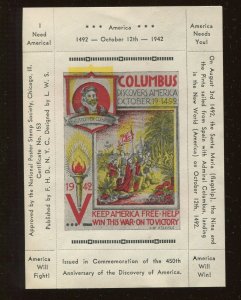 COLUMBUS DISCOVERS AMERICA NATIONAL POSTER STAMP L.W. STAEHLE DESIGNER LV6063