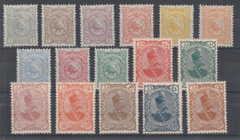 Iran Sc 136-151 MOG. 1899 Lion & Shah definitives complete, many thinned.