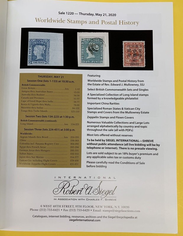 Worldwide Stamps and Postal History, Robert A. Siegel, Sale 1220, May 21, 2020