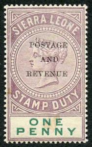 Sierra Leone SG54 1d dull purple and Green opt Postage and Revenue M/M