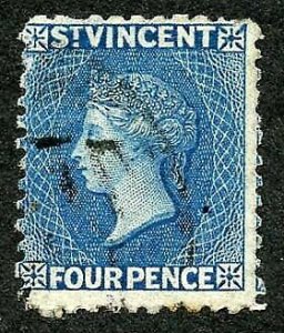 St Vincent SG6 1866 4d Deep Blue No Wmk Perf 11 to 12.5 Fine used Cat 110 pounds