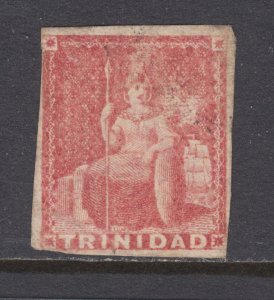 Trinidad Sc 13 MNG. 1855 (1p) rose, imperf, no gum, lightly soiled, crease