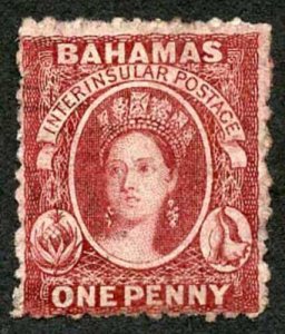 Bahamas SG20 1d brown lake Wmk CC Perf 12.5 Very fine used (small tear) 