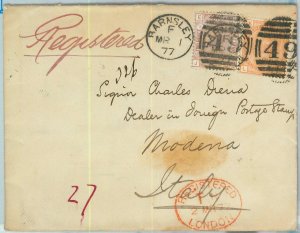 BK0765 - GB - POSTAL HISTORY - REGISTERED COVER from BARNSLEY to MODENA 1877-