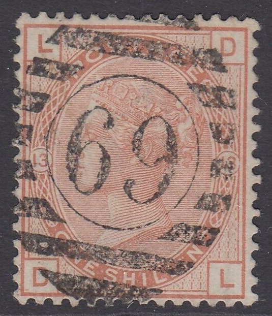 SG 151 1/- orange-brown, watermark spray. Very fine used with a ‘69’ numeral...