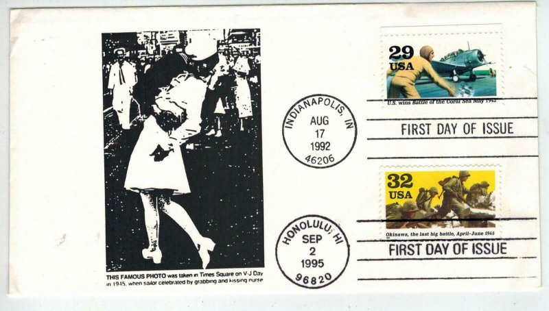 50th Anniv WW2 DUAL FDC 1992/1995 Patriotic Famous Kiss At Times Square + Hawaii