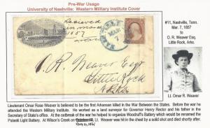 US Scott #11 on Cover CSA Use Nashville, TN Western Military Institute Pre-War