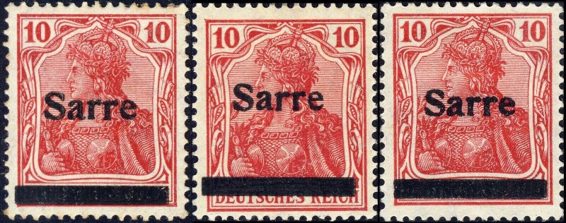 SARRE / SAAR / SAARGEBIET - 1920 3xMi.6.I 10pf O/P type 1 - Mint* & (*)