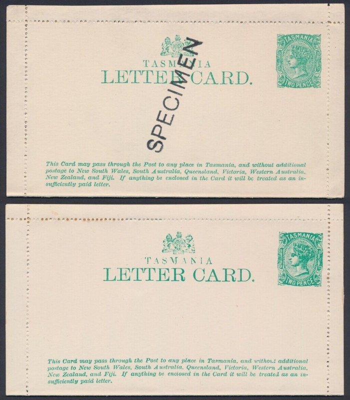 TASMANIA Lettercard 1898 QV 2d green, both normal example & SPECIMEN.