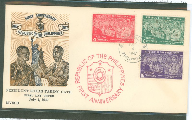 Philippines 512-514 1947 First anniversary of the Republic (set of three) on an unaddressed cacheted first day cover.