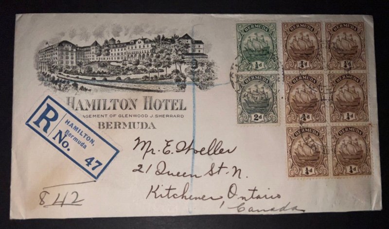 1929 Registered Bermuda Cover Hamilton Hotel to Kitchener Ontario CA 