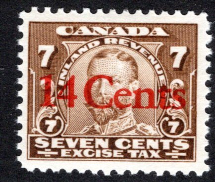 van Dam FX27 - 14c on 7c, red overprint, MLH, Canada Revenue Federal Excise Tax