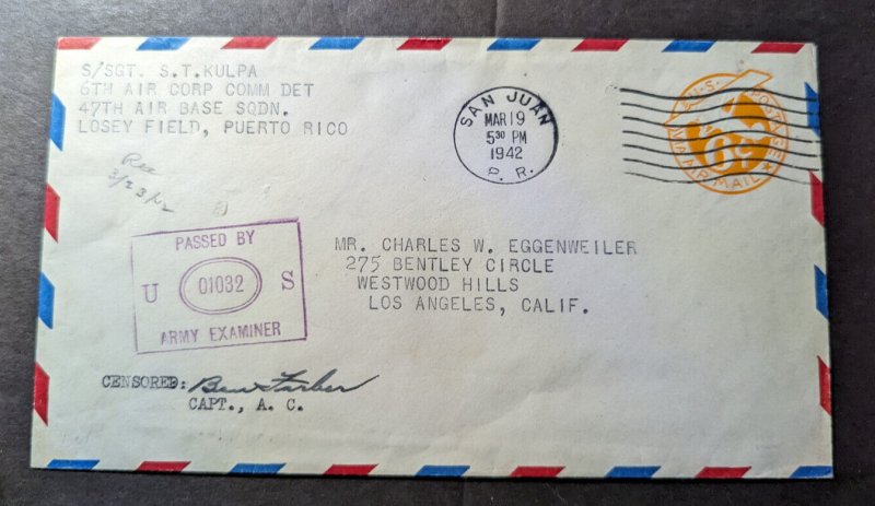 1942 USA Military Airmail Cover San Juan PR to Los Angeles CA 47th Air Base