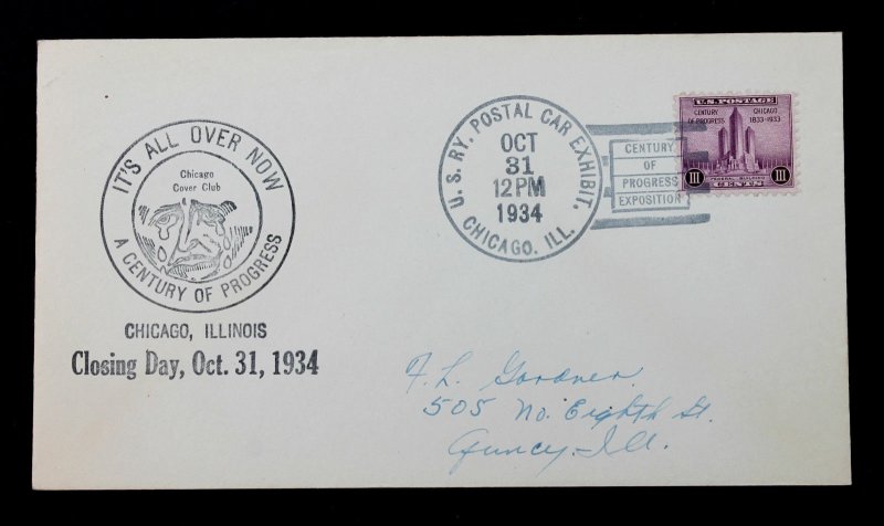 US #729 CENTURY OF PROGRESS POSTAL CAR COVER CHICAGO CLOSING DAY OCT 31 1934