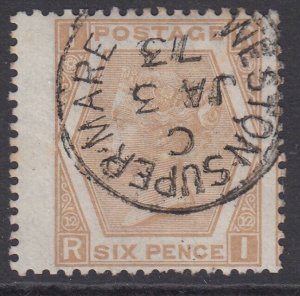 SG 123 6d pale buff plate 12. Very fine used with a Weston-Super-Mare CDS...