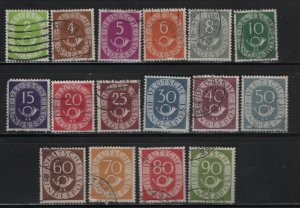 Germany 670-685 (16) Set, Used, 1951-52 Numeral and Post Horn