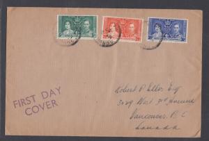 Kenya Unganda Tanzania Sc 60-62 FDC. 1937 Coronation on Selfridge & Co. cover