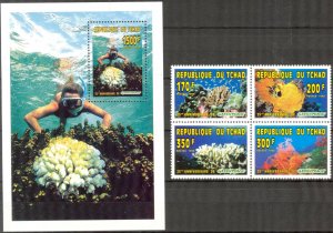 Chad 1996 Marine Life Corals Diving set of 4 + S/S MNH