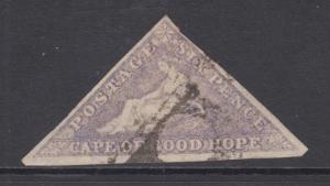 Cape of Good Hope Sc 5, SG 7 used 1858 6p Hope Seated triangular, Die A, F-VF